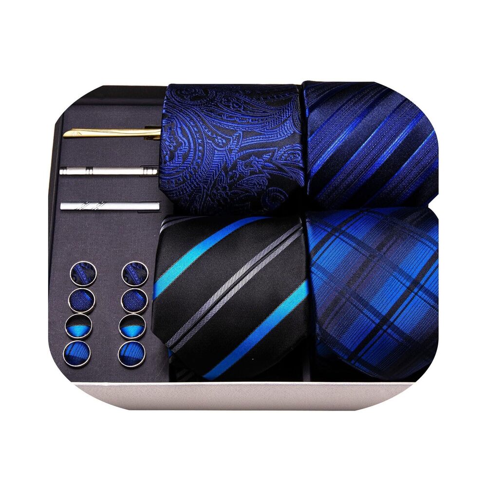 2591 Designer Tie Sets Collection, Eleagnt Gift Box Tie Clips Handkerchief